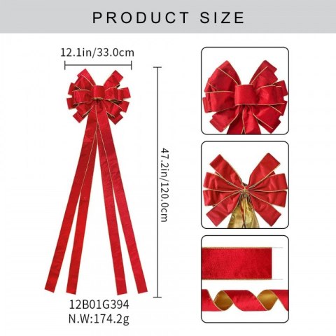 Duża czerwona kokarda XL ozdoba świąteczna na drzwi, choinkę welur 33 x 120cm WOZ44