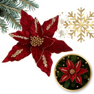 Bordowy Kwiat Bożonarodzeniowy na Choinkę XXL 26 cm z Brokatem i Cekinami