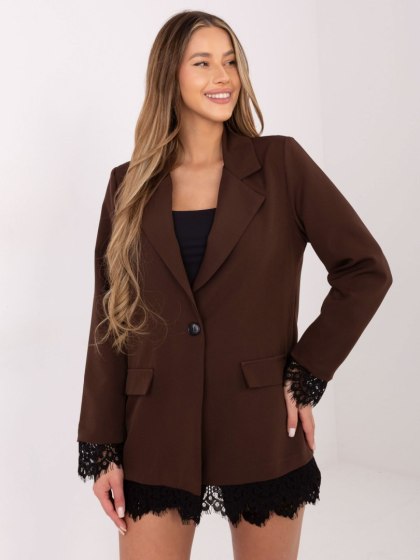 Brązowa Marynarka Damska z Koronkowym Wykończeniem ITALY MODA – Elegancka, Wizytowa | Stylowy Wieszak