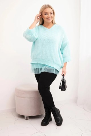 Miętowy komplet damski: sweter z dekoltem V i bluzka wiskozowa z koronkowym dołem – włoska produkcja