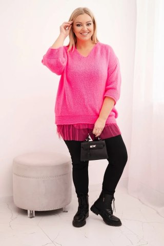 Różowy neon komplet damski: sweter z dekoltem V i bluzka wiskozowa z koronkowym dołem – włoska produkcja