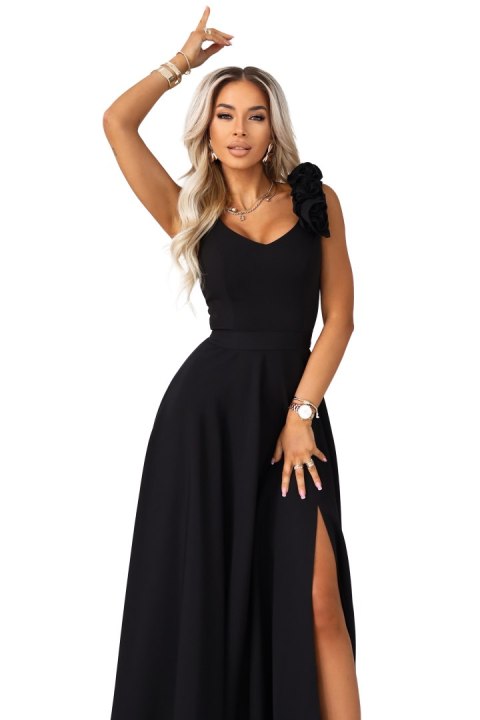 643-2 Elegancka wieczorowa suknia maxi z rozcięciem i różami - klasyczna czerń - S