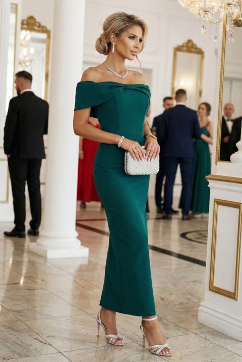 644-1 Zmysłowa sukienka midi hiszpanka z kokardą na dekolcie - butelkowa zieleń - XS