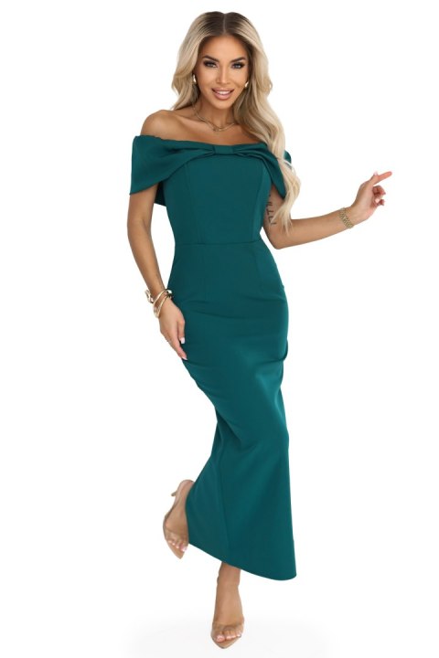 644-1 Zmysłowa sukienka midi hiszpanka z kokardą na dekolcie - butelkowa zieleń - S