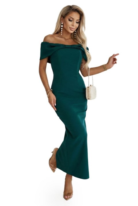 644-1 Zmysłowa sukienka midi hiszpanka z kokardą na dekolcie - butelkowa zieleń - S