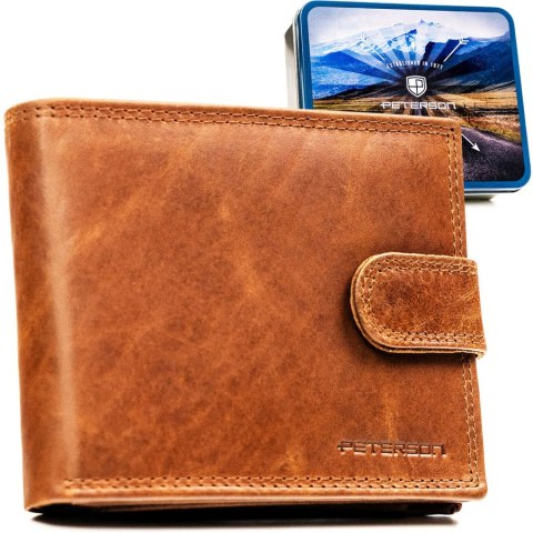 Brązowy, skórzany portfel męski wyposażony w system RFID i zamykany zatrzaskiem - Peterson