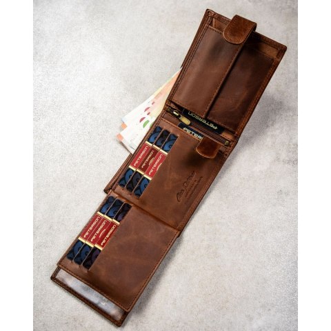 Brązowy, skórzany portfel męski wyposażony w system RFID i zamykany zatrzaskiem - Peterson