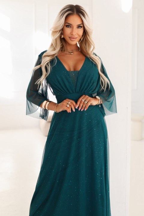 654-1 Długa połyskująca sukienka plus size z dekoltem i transparentnym rękawkiem - zieleń butelkowa - UNI