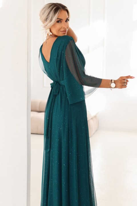 654-1 Długa połyskująca sukienka plus size z dekoltem i transparentnym rękawkiem - zieleń butelkowa - UNI