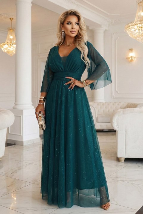 654-1 Długa połyskująca sukienka plus size z dekoltem i transparentnym rękawkiem - zieleń butelkowa - UNI