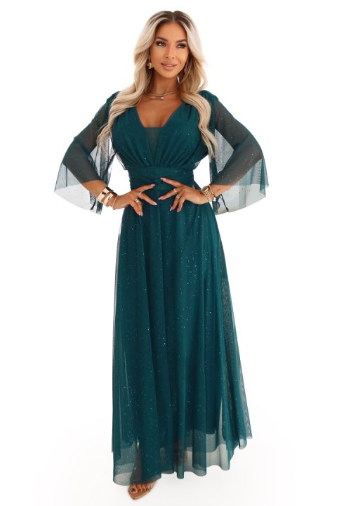 654-1 Długa połyskująca sukienka plus size z dekoltem i transparentnym rękawkiem - zieleń butelkowa - UNI