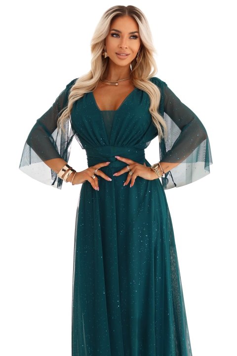 654-1 Długa połyskująca sukienka plus size z dekoltem i transparentnym rękawkiem - zieleń butelkowa - UNI