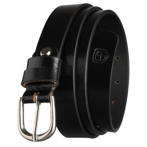 Czarny pasek damski ze skóry naturalnej ze srebrną, klasyczną klamrą - Peterson