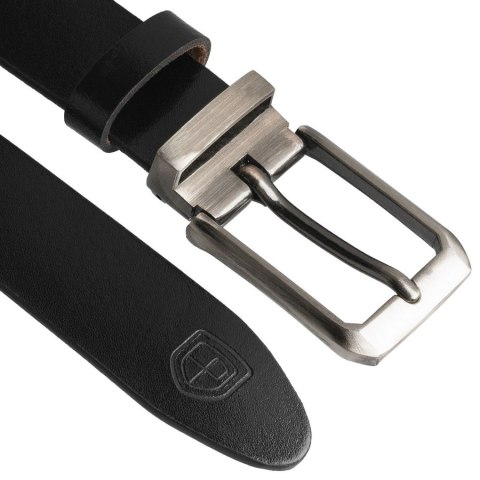 Elegancki pasek męski ze skóry naturalnej w czarnym kolorze ze srebrną, klasyczną klamrą - Peterson