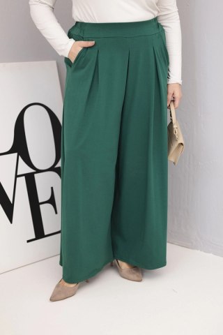 Spodnie damskie Plus Size ciemnozielone z szeroką nogawką – bawełniane, luźny krój
