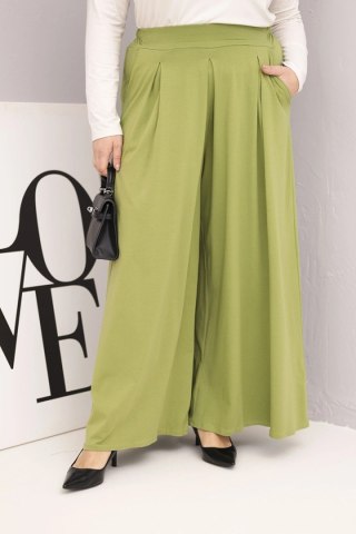 Spodnie damskie Plus Size pistacjowe z szeroką nogawką – bawełniane, luźny krój