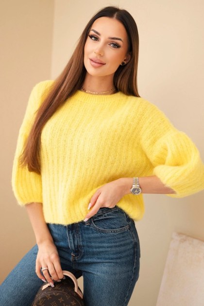 Sweter damski z moheru z rękawem 3/4 – żółty, produkcja włoska