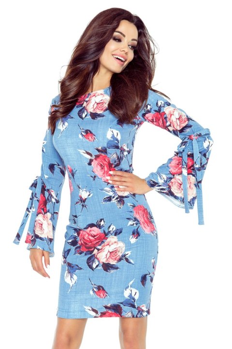 427-1 Sukienka z rozkloszowanymi wiązanymi rękawkami - czerwone duże róże na ciemnym jeansie - XL