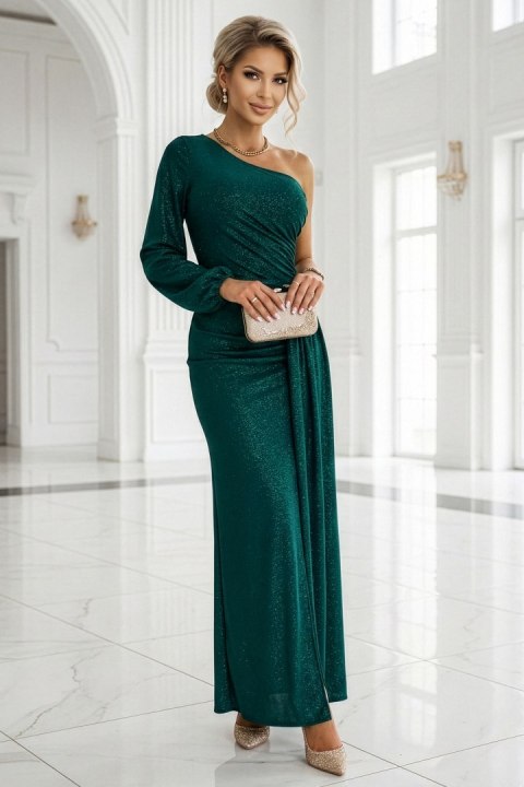 658-2 Połyskująca brokatowa sukienka maxi na jedno ramię z asymetrycznym rękawem i rozcięciem - butelkowa zieleń - L