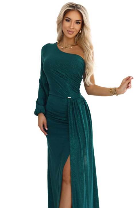 658-2 Połyskująca brokatowa sukienka maxi na jedno ramię z asymetrycznym rękawem i rozcięciem - butelkowa zieleń - XL