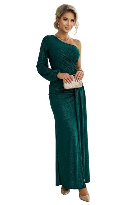 658-2 Połyskująca brokatowa sukienka maxi na jedno ramię z asymetrycznym rękawem i rozcięciem - butelkowa zieleń - XS