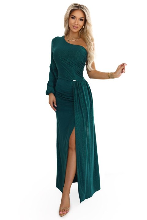658-2 Połyskująca brokatowa sukienka maxi na jedno ramię z asymetrycznym rękawem i rozcięciem - butelkowa zieleń - S