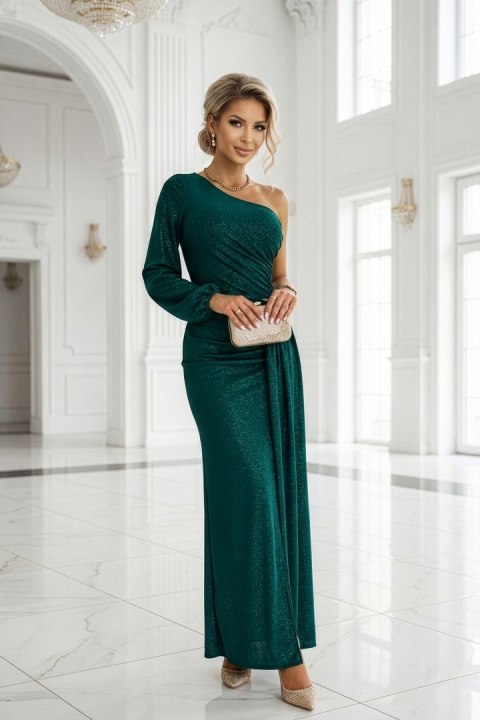 658-2 Połyskująca brokatowa sukienka maxi na jedno ramię z asymetrycznym rękawem i rozcięciem - butelkowa zieleń - S