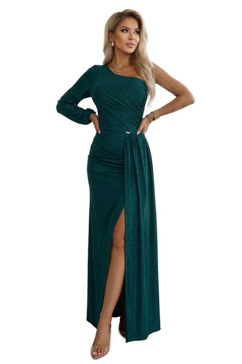 658-2 Połyskująca brokatowa sukienka maxi na jedno ramię z asymetrycznym rękawem i rozcięciem - butelkowa zieleń - S