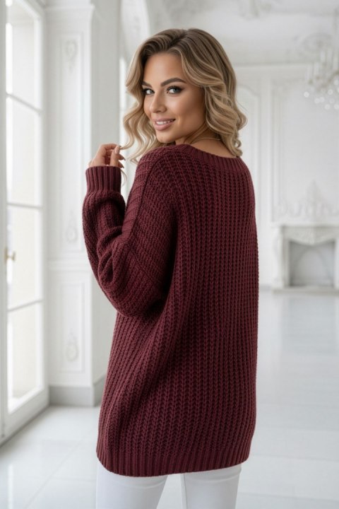 661-1 Ciepły sweter oversize o mięsistym splocie i dekolcie V - bordowy - UNI