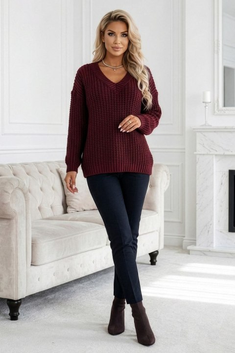 661-1 Ciepły sweter oversize o mięsistym splocie i dekolcie V - bordowy - UNI