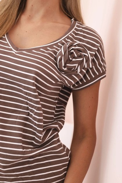 Bluzka damska bawełniana w paski brązowa z dekoltem V