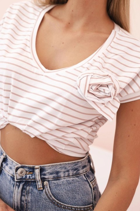 Camelowa bluzka damska w paski z dekoltem V