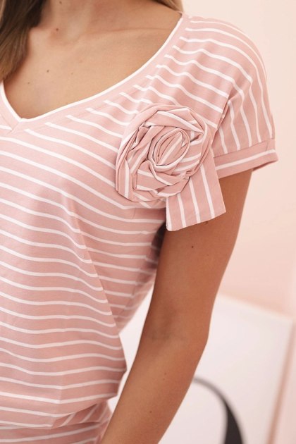 Bluzka damska bawełniana w paski ciemny pudrowy róż z dekoltem V