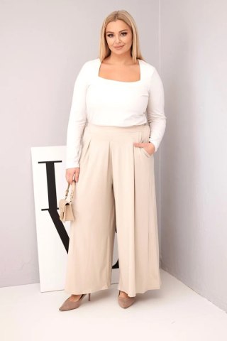 Beżowe Spodnie Damskie Plus Size z Szeroką Nogawką – Bawełniane Wide Leg