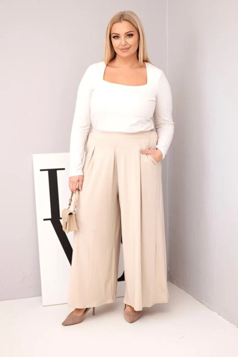 Beżowe Spodnie Damskie Plus Size z Szeroką Nogawką – Bawełniane Wide Leg