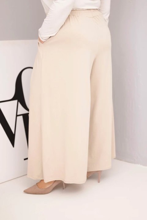 Beżowe Spodnie Damskie Plus Size z Szeroką Nogawką – Bawełniane Wide Leg