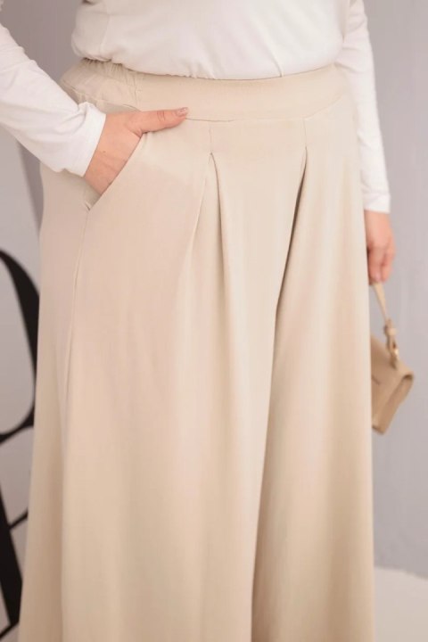 Beżowe Spodnie Damskie Plus Size z Szeroką Nogawką – Bawełniane Wide Leg