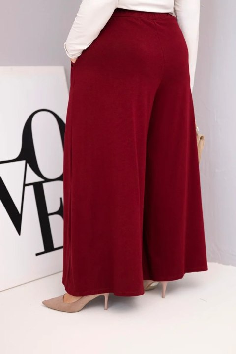 Bordowe Spodnie Damskie Plus Size z Szeroką Nogawką – Bawełniane Wide Leg