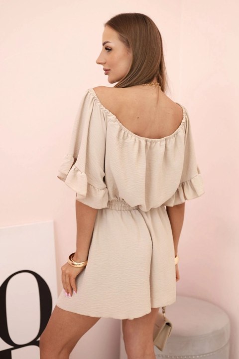 Kombinezon damski hiszpanka z falbankami i gumką w talii beżowy