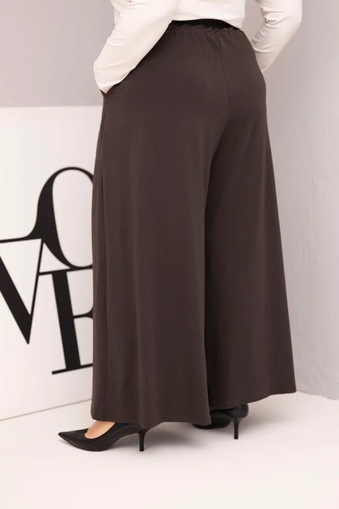 Spodnie damskie Plus Size brązowe z szeroką nogawką – bawełniane, luźny krój