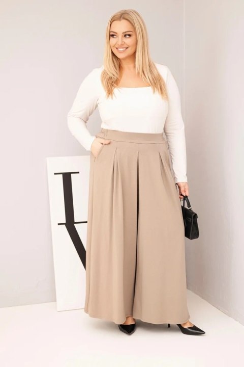 Spodnie damskie Plus Size fango z szeroką nogawką – bawełniane, luźny krój