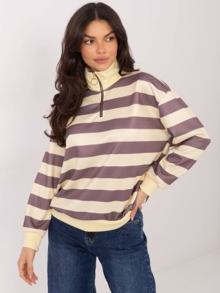 Bluza damska oversize w paski z kołnierzykiem i suwakiem – ciemnobeżowa | Italy Moda