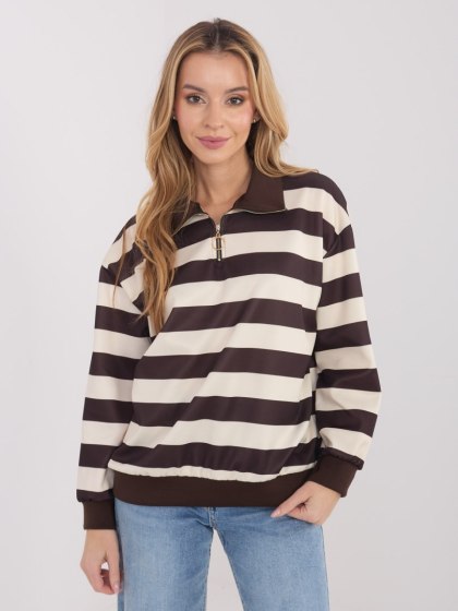 Bluza damska typu polo w paski z kołnierzykiem i suwakiem – jasnobeżowa | Italy Moda