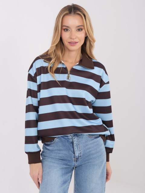 Jasnoniebieska bluza damska w paski z kołnierzykiem i suwakiem