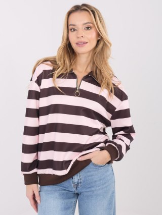 Jasnoróżowa bluza damska oversize w paski z kołnierzykiem i zamkiem – Italy Moda