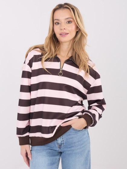 Jasnoróżowa bluza damska oversize w paski z kołnierzykiem i zamkiem – Italy Moda