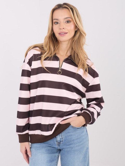 Jasnoróżowa bluza damska oversize w paski z kołnierzykiem i zamkiem