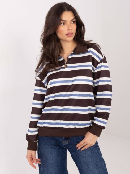 Czekoladowa bluza damska oversize w paski z kołnierzykiem i zamkiem – Italy Moda