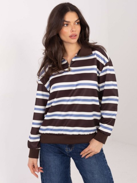 Czekoladowa bluza damska oversize w paski z kołnierzykiem i zamkiem