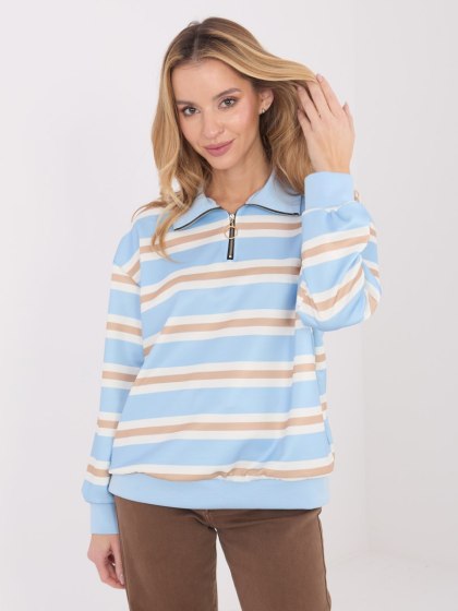 Jasnoniebieska bluza damska w paski z kołnierzykiem i suwakiem – Italy Moda
